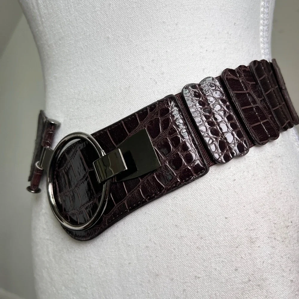 Y2K Wide Elastic Belt Large Brown Faux Croc Silver O-Ring Buckle Chunky Wide Big
